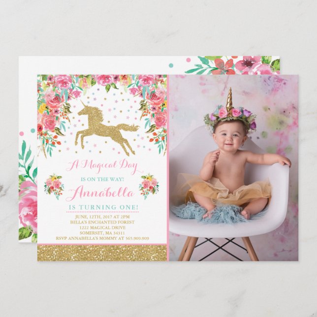 Unicorn Birthday Invitation Pink Gold Unicorn (Front/Back)