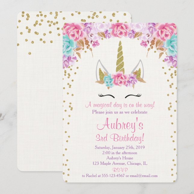 Unicorn birthday invitation, pink purple gold invitation (Front/Back)