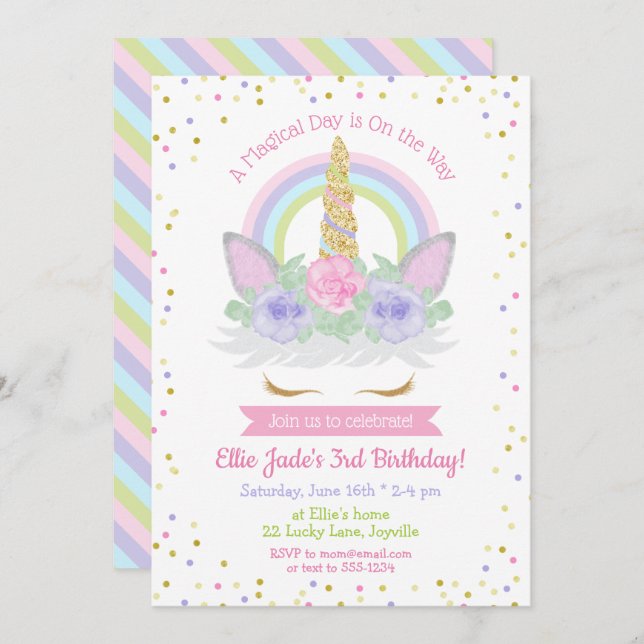 Unicorn Birthday Invitation Pink & Purple Rainbow (Front/Back)