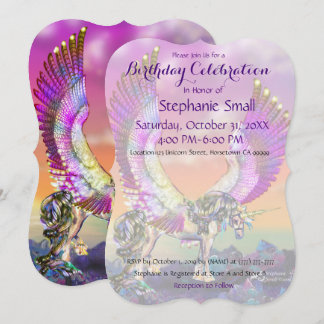 Unicorn Birthday Invitation Purple Blue Pink Horse