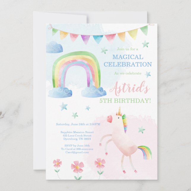 Unicorn Birthday Invitation, Rainbow Invitation (Front)