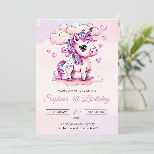Unicorn Birthday Invitation, Rainbow Unicorn Girls Invitation (Standing Front)