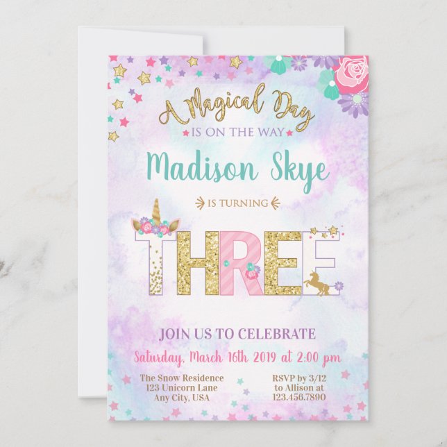 Unicorn Birthday Invitation Third Birthday (Front)