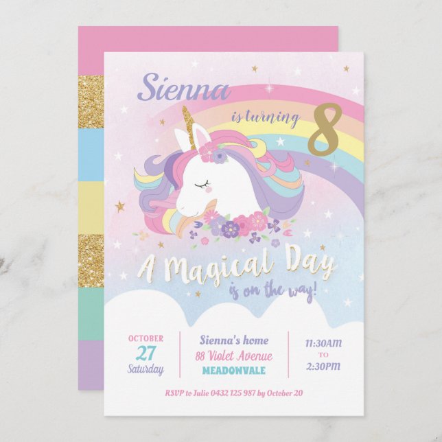 Unicorn Birthday Invitations Rainbow Girl (Front/Back)