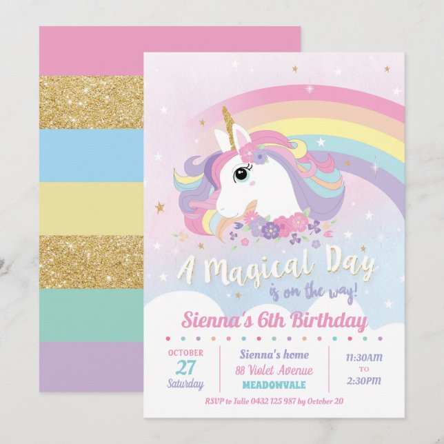 Unicorn Birthday Invitations Rainbow Girl (Front/Back)