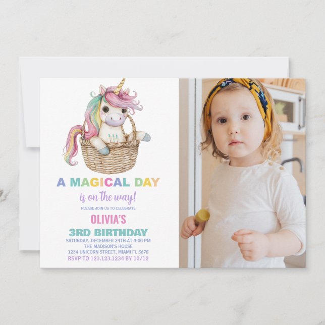 Unicorn Birthday Invitations with photo (Front)