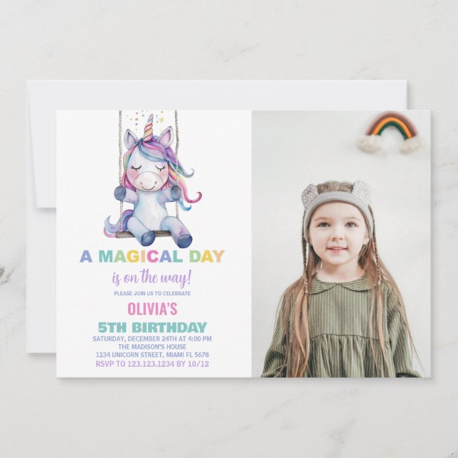 Unicorn Birthday Invitations with photo (Front)