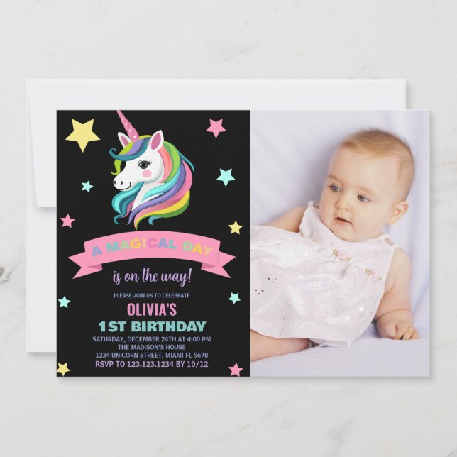 Unicorn Birthday Invitations with photo (Front)