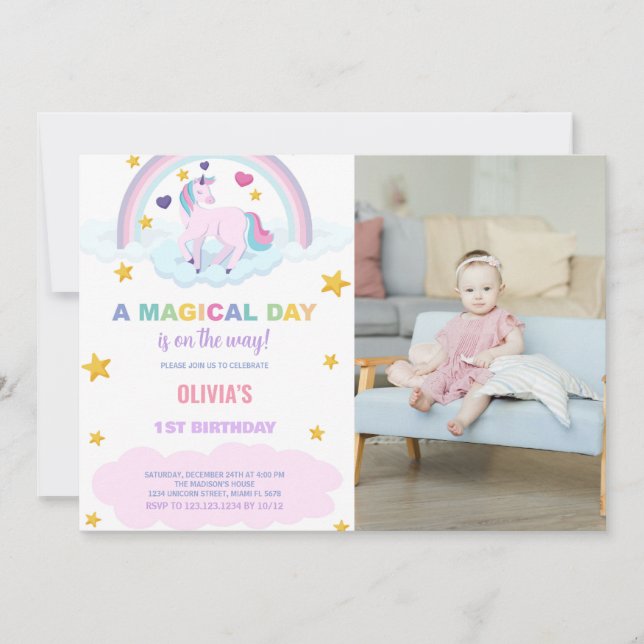Unicorn Birthday Invitations with photo (Front)