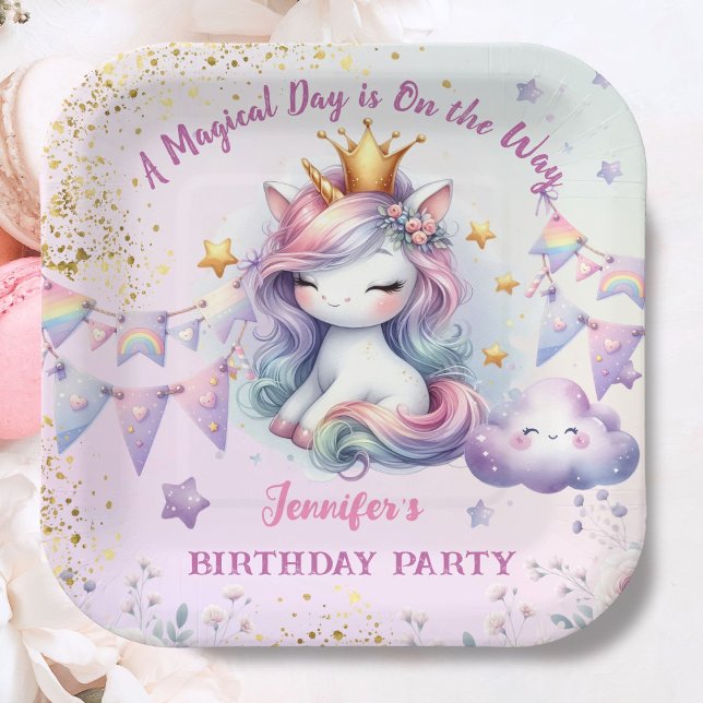 Unicorn Birthday Invite Girl Pink Gold Purple Paper Plate (Creator Uploaded)