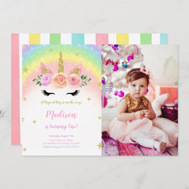Unicorn Birthday Magical Party Photo Invitation (Front/Back)