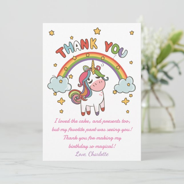 Unicorn birthday, magical unicorn party thank you card (Standing Front)