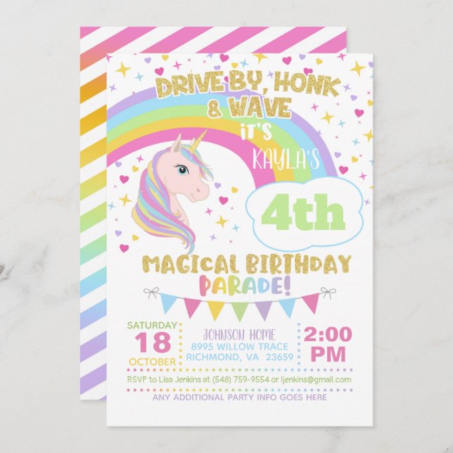 Unicorn Birthday Parade Invitation (Front/Back)