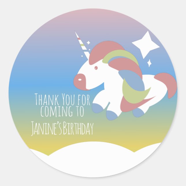 Unicorn Birthday Party Clouds Colourful Gradient  Classic Round Sticker (Front)