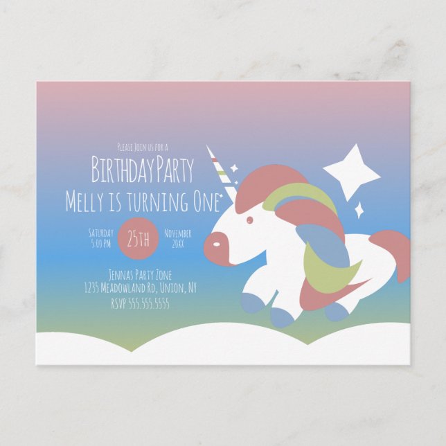 Unicorn Birthday Party Clouds Colourful Gradient   Postcard (Front)