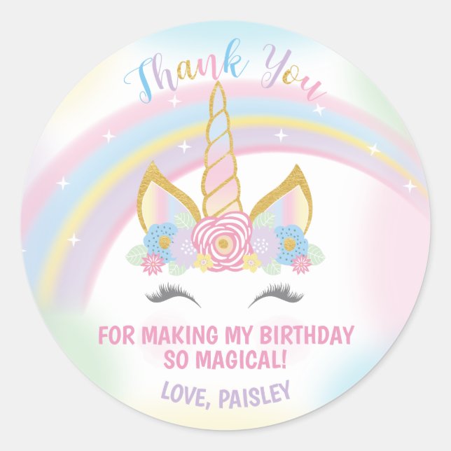 Unicorn Birthday Party Favour Stickers (Front)