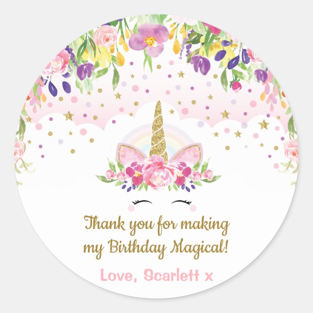 Unicorn Birthday Party Favours Pink Gold Floral Classic Round Sticker (Front)