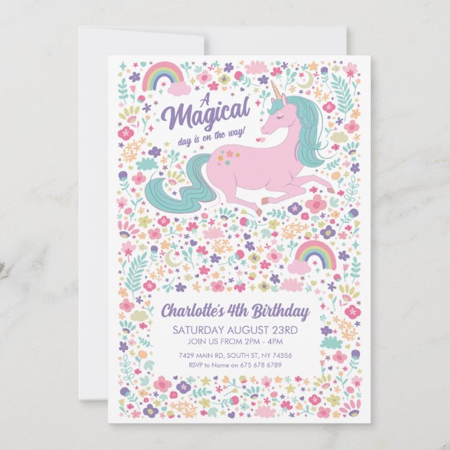 Unicorn Birthday Party Floral Pink Girls  Invitation (Front)