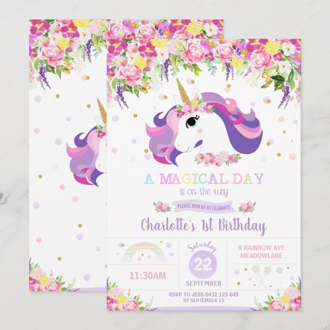 Unicorn Birthday Party Floral Whimsical Girl Invitation (Front/Back)