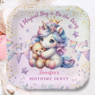 Unicorn Birthday Party Girl Pink Gold Cute Paper Plate