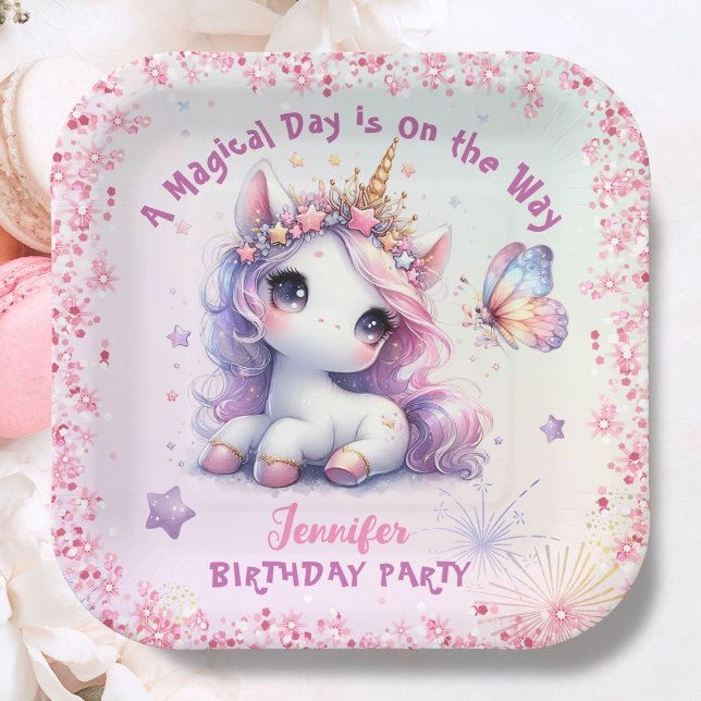 Unicorn Birthday Party Girl Pink Purple Paper Paper Plate (Creator Uploaded)