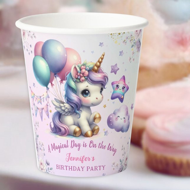 Unicorn Birthday Party Girl Purple & Gold Paper Paper Cups (Creator Uploaded)