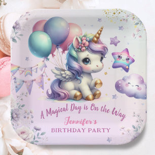 Unicorn Birthday Party Girl Purple & Gold Paper  Plate