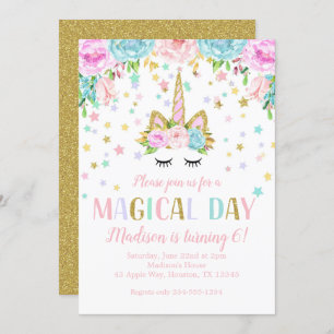 Unicorn Birthday Party Gold Glitter Flowers Stars Invitation