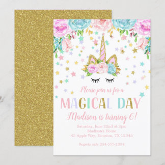 Unicorn Birthday Party Gold Glitter Flowers Stars Invitation