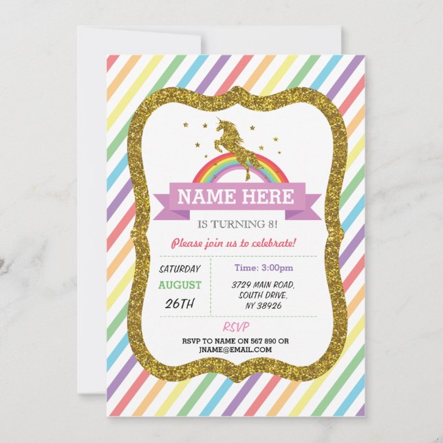 Unicorn Birthday Party Gold Glitter Rainbow Invite (Front)