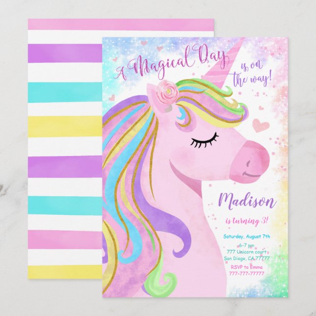 Unicorn Birthday Party Invitation (Front/Back)