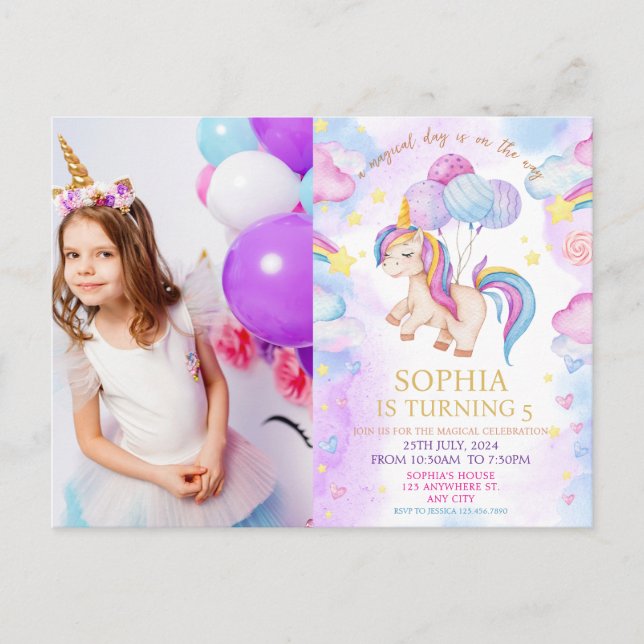 Unicorn Birthday Party Photo Postcard (Front)
