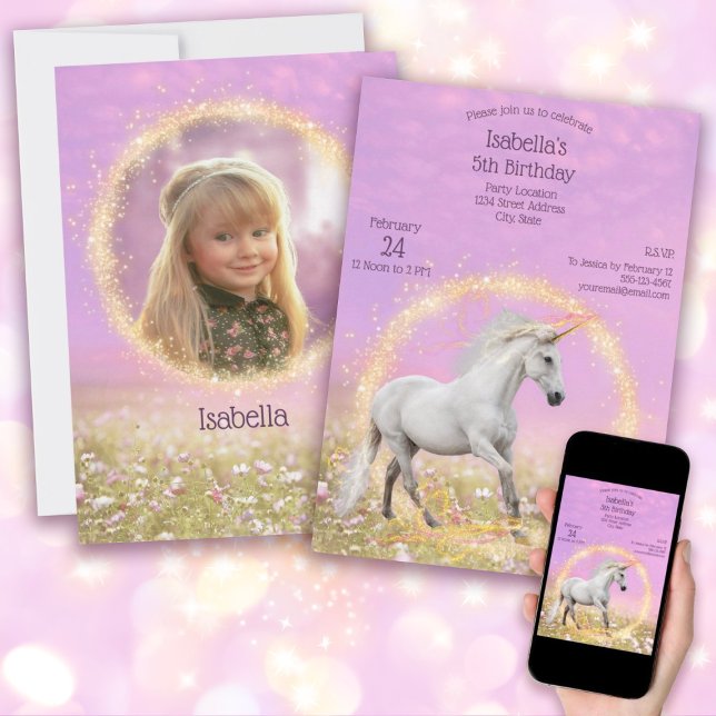 Unicorn Birthday Party Pink and Lavender + Photo Invitation (Magical Unicorn Happy Birthday Pink and Lavender Invitation Photo Template on back)