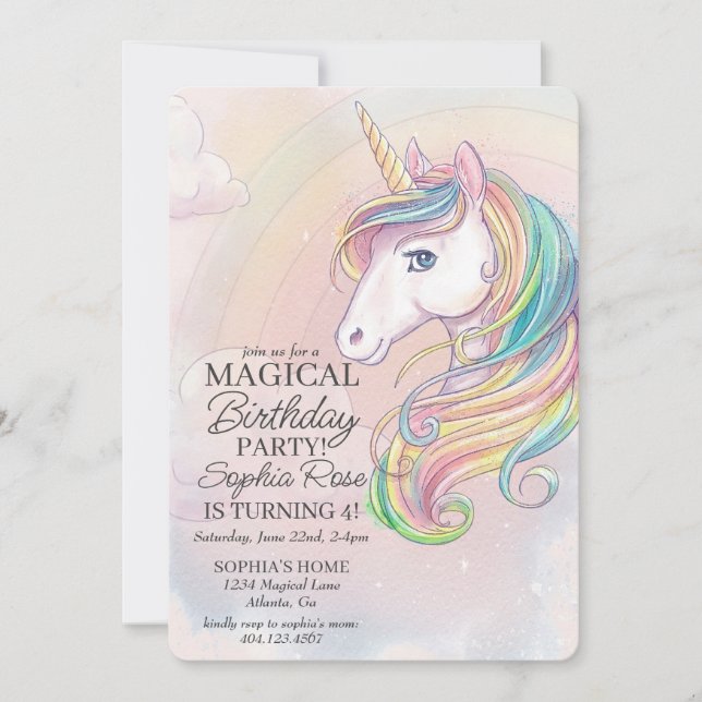Unicorn birthday party rainbow party invite (Front)