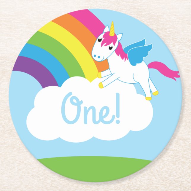 Unicorn Birthday Party Round Paper Coaster (Front)
