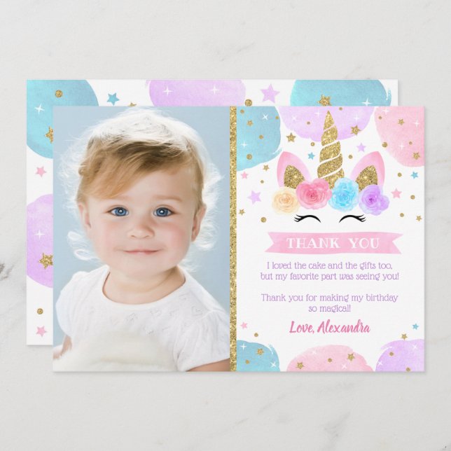 Unicorn Birthday Party Thank You Cards with Photo  (Front/Back)