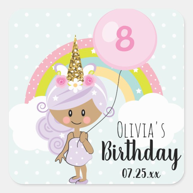 Unicorn Birthday Party Thank You Dark Skin Tone Square Sticker (Front)