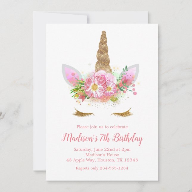 Unicorn Birthday Party Watercolor Flowers Invitation (Front)