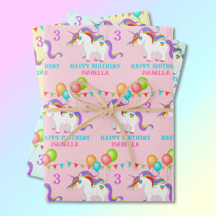 Unicorn Birthday Personalise Name 3 Colourful Wrapping Paper Sheet