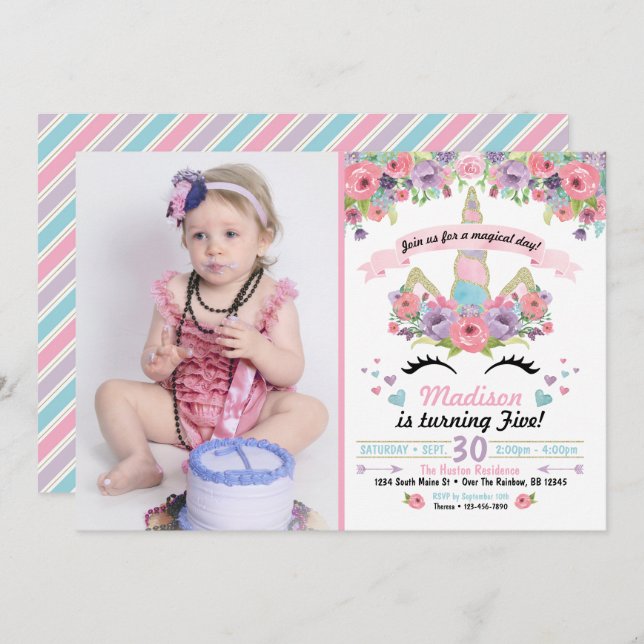 Unicorn Birthday Photo Invitation (Front/Back)