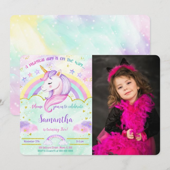 Unicorn Birthday Photo Invitation  (Front/Back)