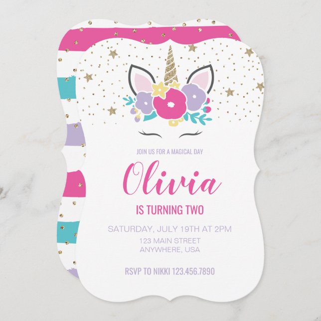 Unicorn Birthday Pink and Gold Glitter Invitation (Front/Back)