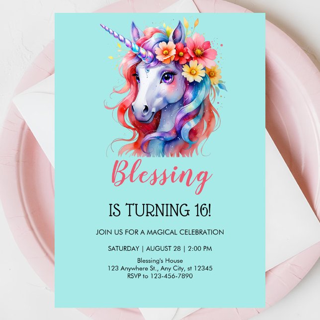 Unicorn birthday pink beautiful floral invitation (Creator Uploaded)