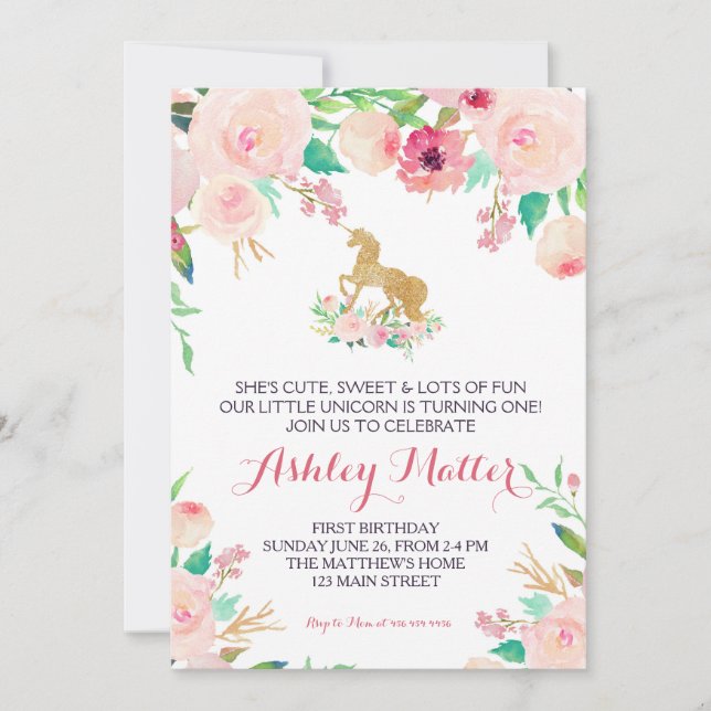 Unicorn birthday pink Beautiful Floral Invitation, Invitation (Front)