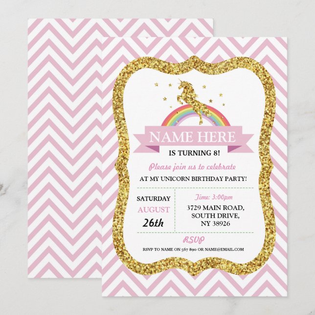 Unicorn Birthday Pink Party Gold Glitter Rainbow Invitation (Front/Back)