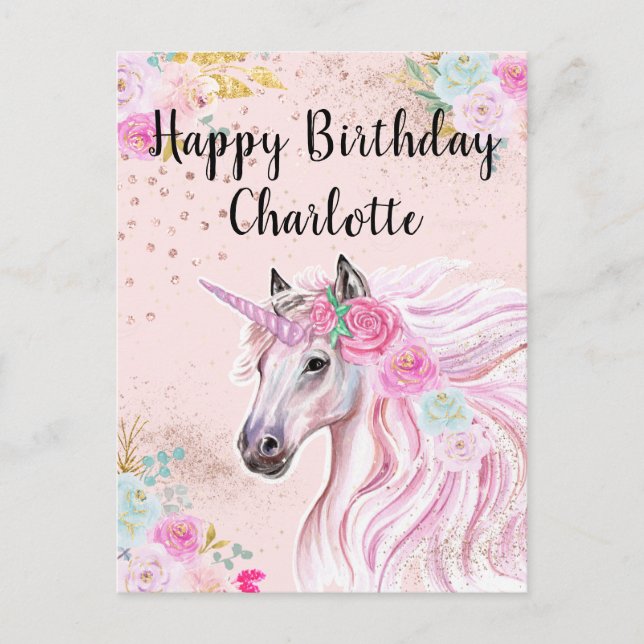 Unicorn Birthday Pink Teal Floral Custom Name Postcard (Front)