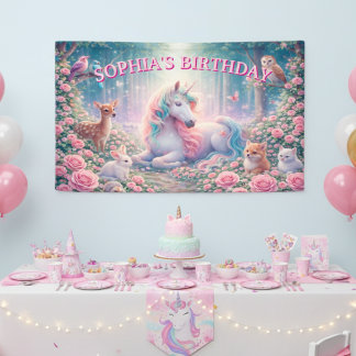 Unicorn Birthday Roses Magical Pastel Banner
