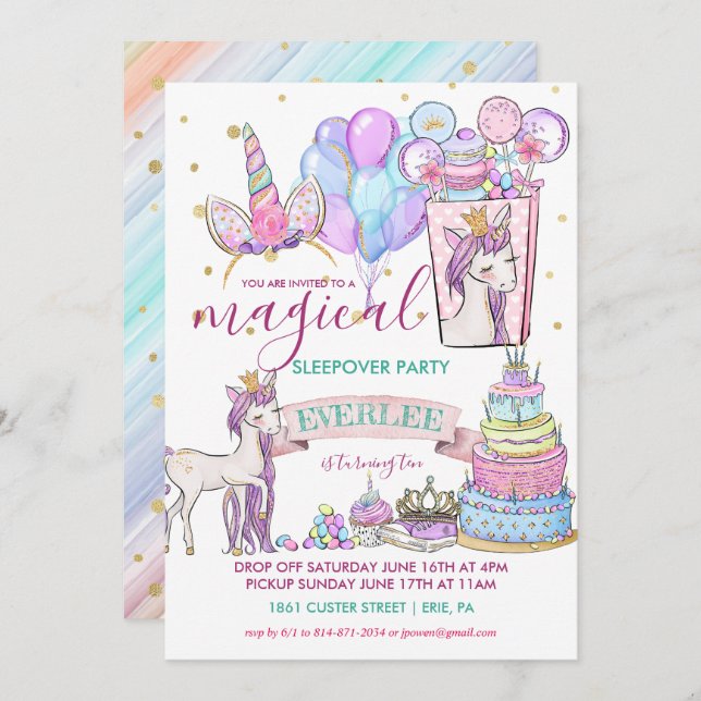 Unicorn Birthday Slumber Party Invitation (Front/Back)