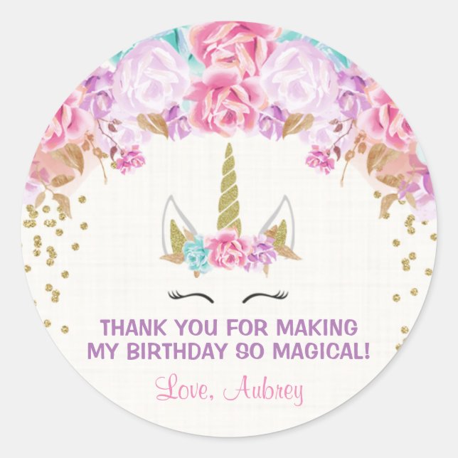 Unicorn birthday stickers, pink and gold classic round sticker (Front)