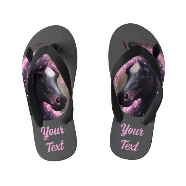 Unicorn Black and Pink Fairy Fantasy Creature Kid's Jandals (Footbed)